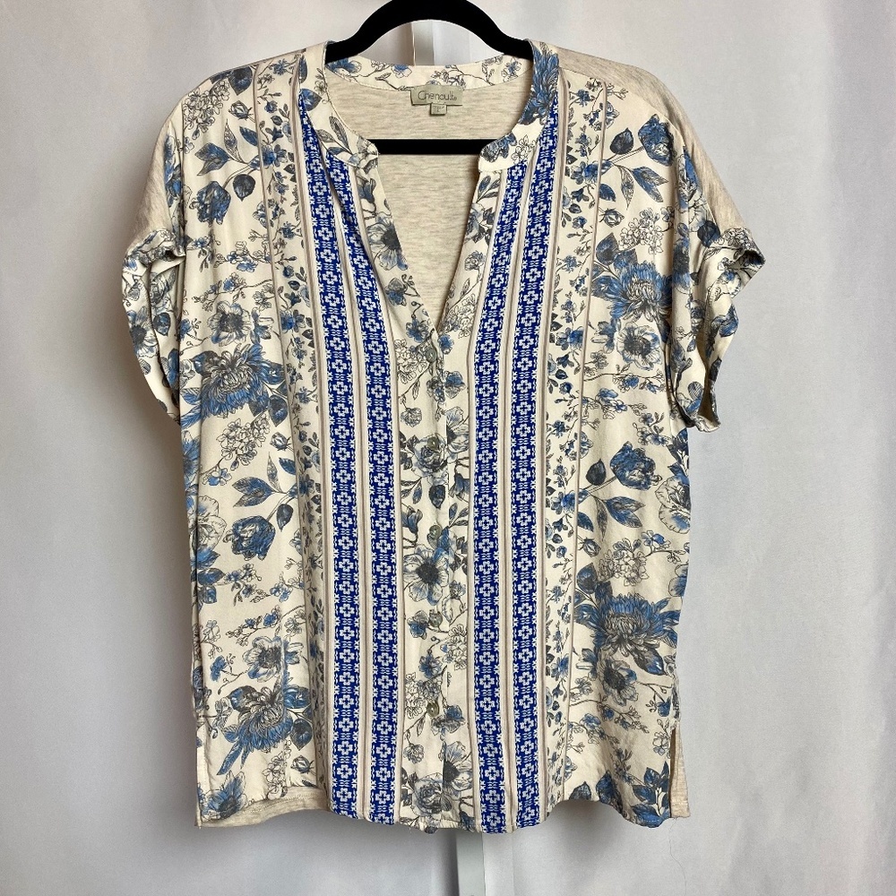Chenault Womenʻs Cream | Blue Split Neck Button Down Short Sleeve Blouse Large